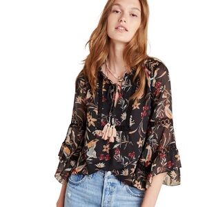 Maeve Anthropologie Odette Floral Peasant Blouse Boho Tassel Bell Sleeve Top